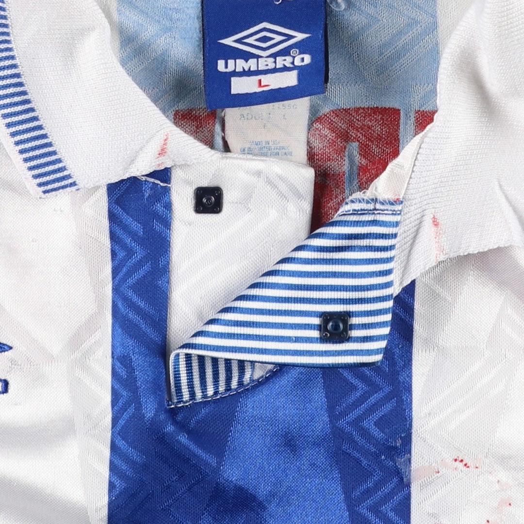 90'S Umbro Stripe Pattern All-Over Print Soccer Uniform Game Shirt, Made in USA, Men's Size L (Equivalent), Vintage polyester blue type Vintage Second Hand