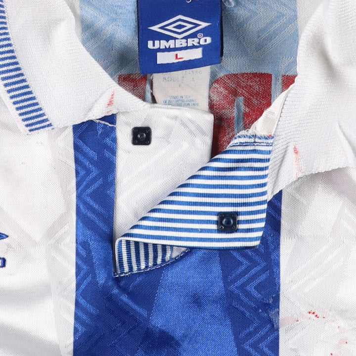 90'S Umbro Stripe Pattern All-Over Print Soccer Uniform Game Shirt, Made in USA, Men's Size L (Equivalent), Vintage polyester blue type Vintage Second Hand