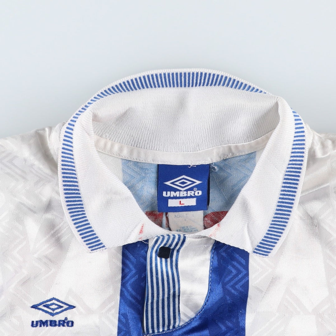 90'S Umbro Stripe Pattern All-Over Print Soccer Uniform Game Shirt, Made in USA, Men's Size L (Equivalent), Vintage polyester blue type Vintage Second Hand