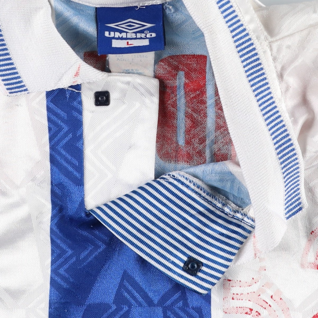 90'S Umbro Stripe Pattern All-Over Print Soccer Uniform Game Shirt, Made in USA, Men's Size L (Equivalent), Vintage polyester blue type Vintage Second Hand