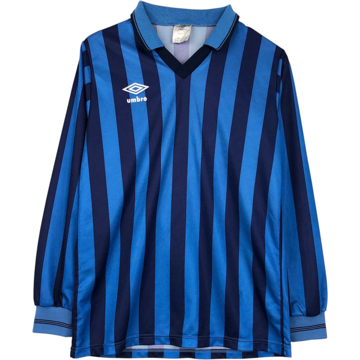 80s-90'S Umbro Stripe Pattern V-Neck Collared Soccer Jersey Game Shirt, Made in England, Men's Size S (Equivalent), Vintage polyester blue type Vintage Second Hand