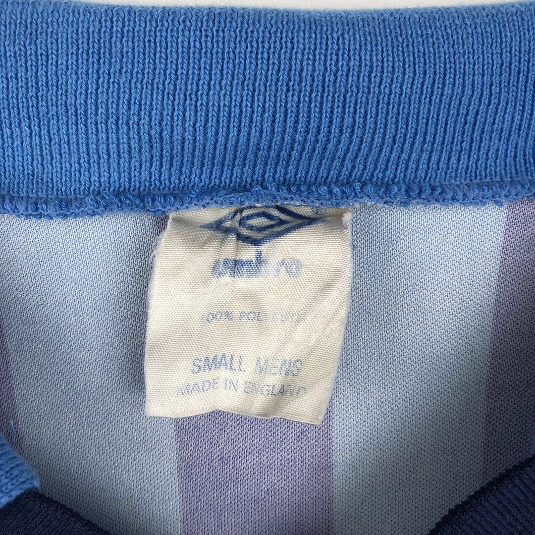 80s-90'S Umbro Stripe Pattern V-Neck Collared Soccer Jersey Game Shirt, Made in England, Men's Size S (Equivalent), Vintage polyester blue type Vintage Second Hand