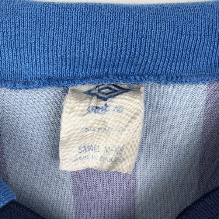 80s-90'S Umbro Stripe Pattern V-Neck Collared Soccer Jersey Game Shirt, Made in England, Men's Size S (Equivalent), Vintage polyester blue type Vintage Second Hand