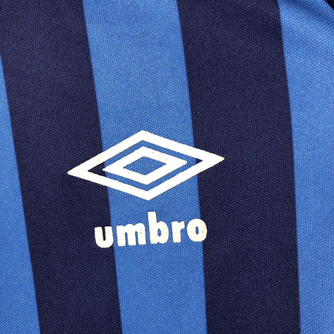 80s-90'S Umbro Stripe Pattern V-Neck Collared Soccer Jersey Game Shirt, Made in England, Men's Size S (Equivalent), Vintage polyester blue type Vintage Second Hand