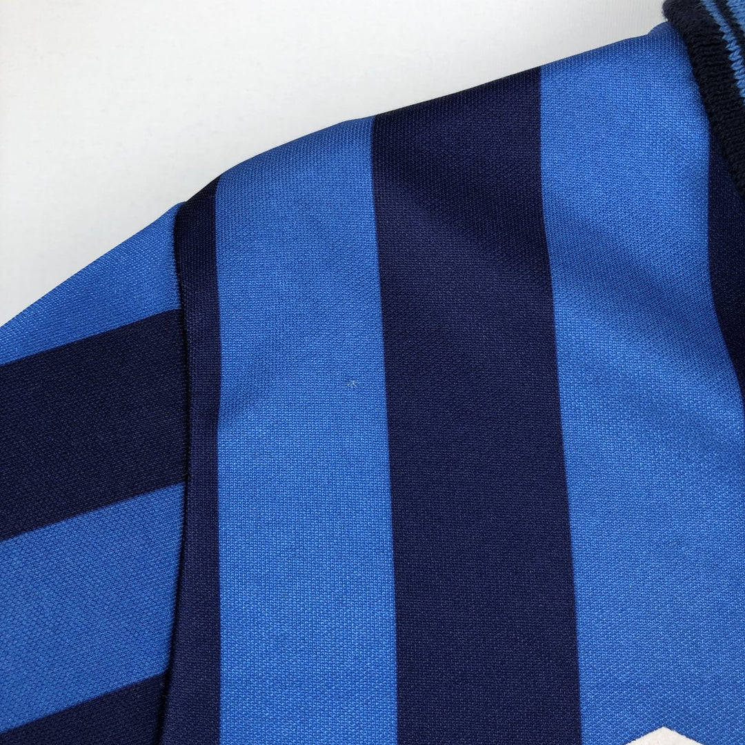 80s-90'S Umbro Stripe Pattern V-Neck Collared Soccer Jersey Game Shirt, Made in England, Men's Size S (Equivalent), Vintage polyester blue type Vintage Second Hand