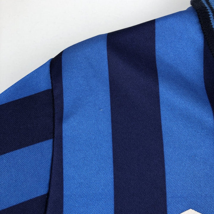 80s-90'S Umbro Stripe Pattern V-Neck Collared Soccer Jersey Game Shirt, Made in England, Men's Size S (Equivalent), Vintage polyester blue type Vintage Second Hand