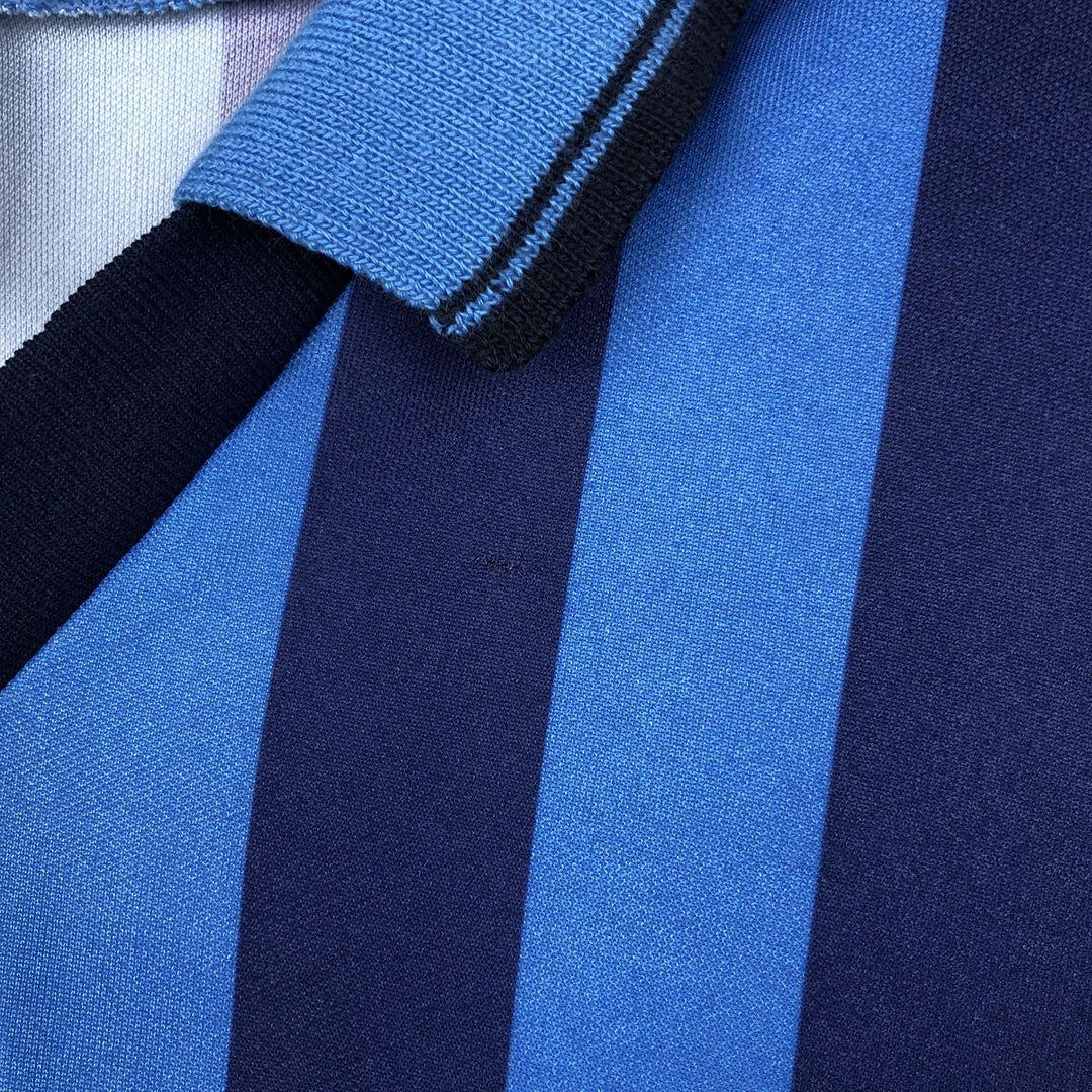 80s-90'S Umbro Stripe Pattern V-Neck Collared Soccer Jersey Game Shirt, Made in England, Men's Size S (Equivalent), Vintage polyester blue type Vintage Second Hand