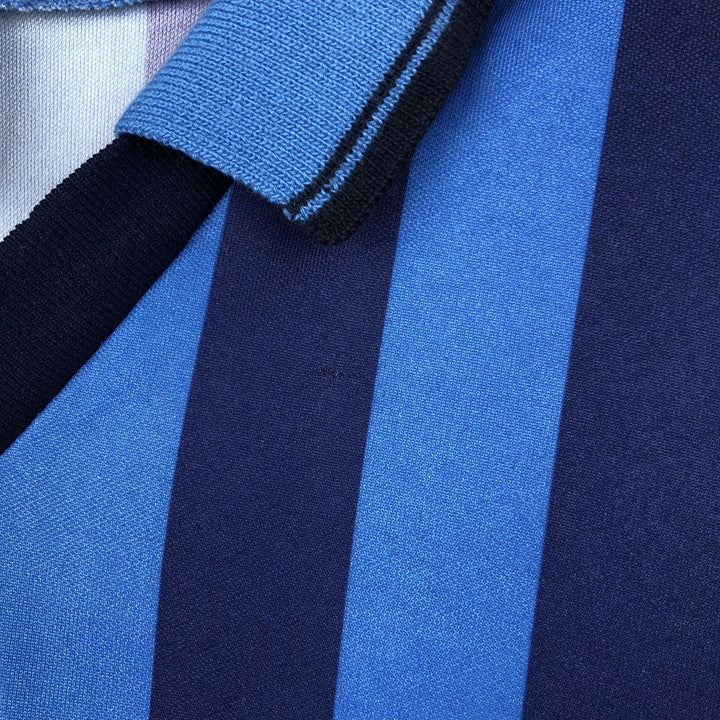 80s-90'S Umbro Stripe Pattern V-Neck Collared Soccer Jersey Game Shirt, Made in England, Men's Size S (Equivalent), Vintage polyester blue type Vintage Second Hand