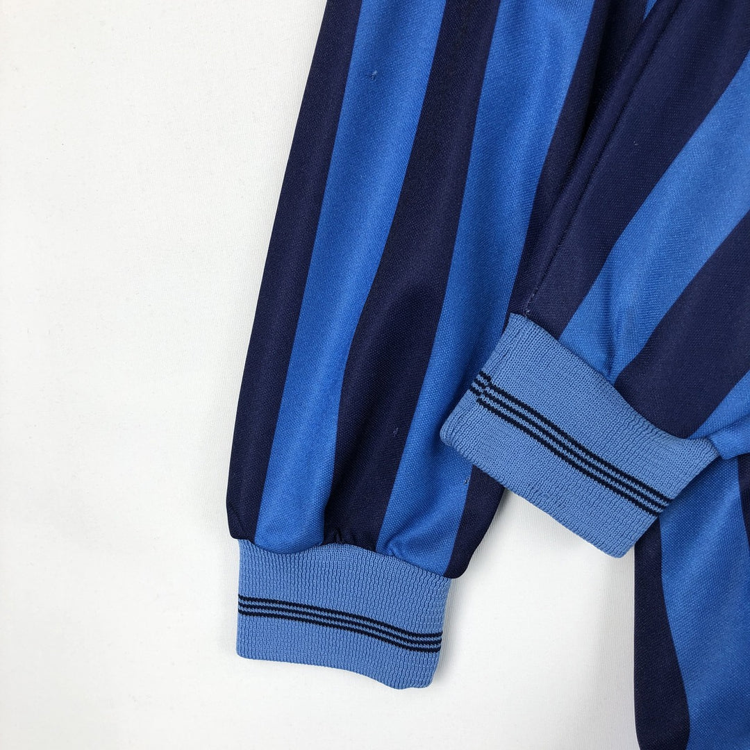 80s-90'S Umbro Stripe Pattern V-Neck Collared Soccer Jersey Game Shirt, Made in England, Men's Size S (Equivalent), Vintage polyester blue type Vintage Second Hand