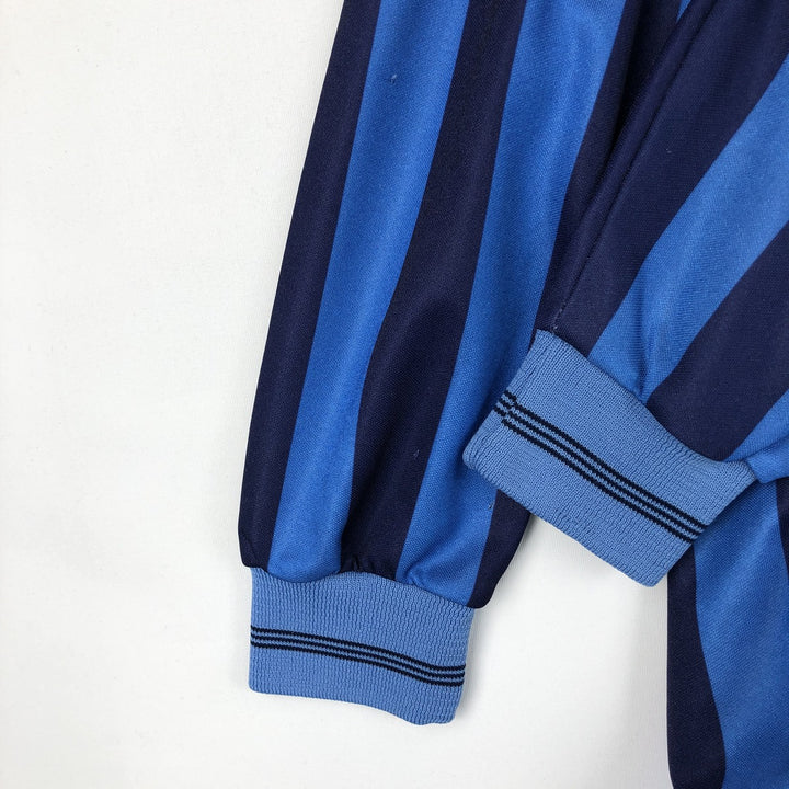 80s-90'S Umbro Stripe Pattern V-Neck Collared Soccer Jersey Game Shirt, Made in England, Men's Size S (Equivalent), Vintage polyester blue type Vintage Second Hand