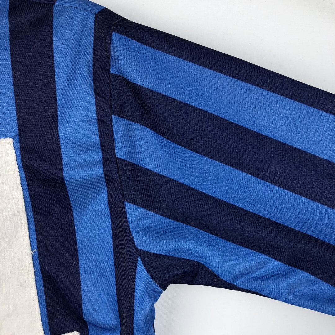 80s-90'S Umbro Stripe Pattern V-Neck Collared Soccer Jersey Game Shirt, Made in England, Men's Size S (Equivalent), Vintage polyester blue type Vintage Second Hand