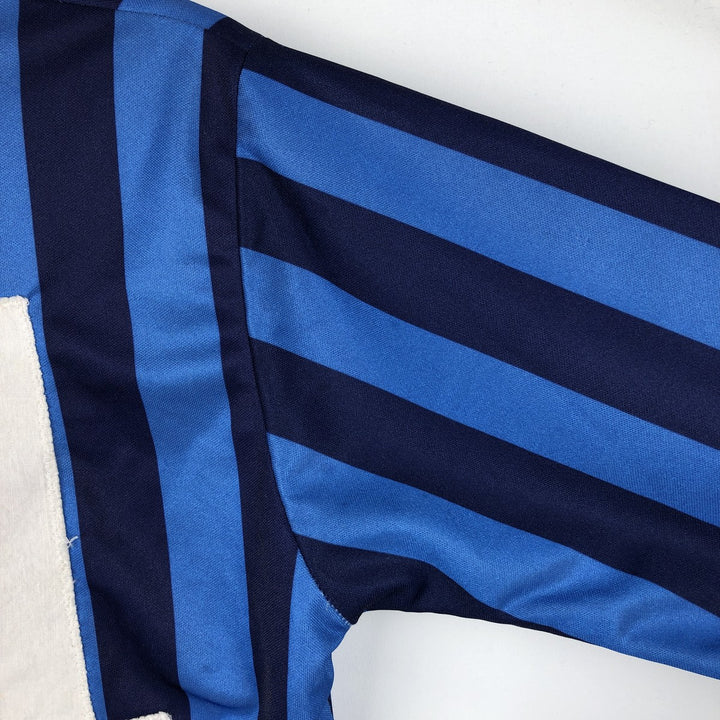 80s-90'S Umbro Stripe Pattern V-Neck Collared Soccer Jersey Game Shirt, Made in England, Men's Size S (Equivalent), Vintage polyester blue type Vintage Second Hand