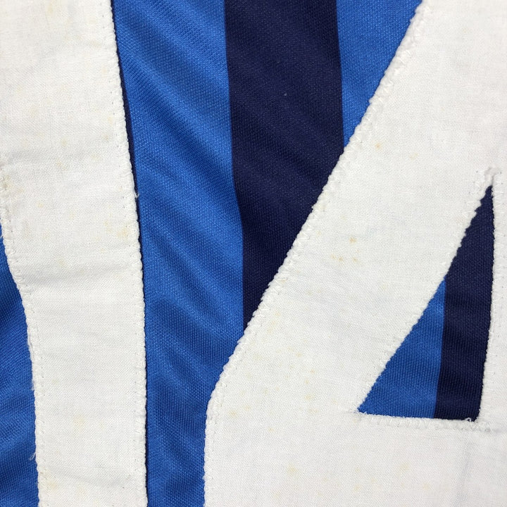 80s-90'S Umbro Stripe Pattern V-Neck Collared Soccer Jersey Game Shirt, Made in England, Men's Size S (Equivalent), Vintage polyester blue type Vintage Second Hand
