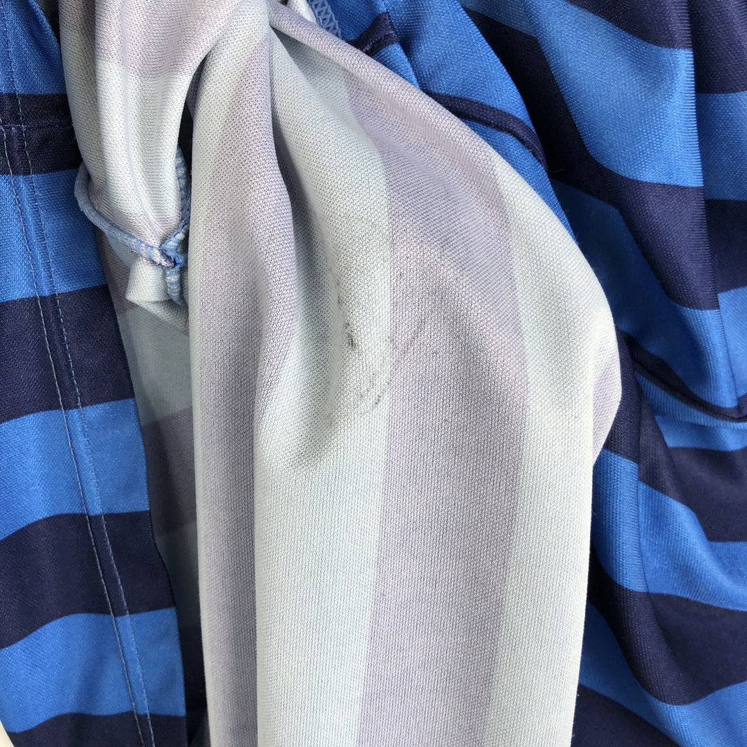 80s-90'S Umbro Stripe Pattern V-Neck Collared Soccer Jersey Game Shirt, Made in England, Men's Size S (Equivalent), Vintage polyester blue type Vintage Second Hand