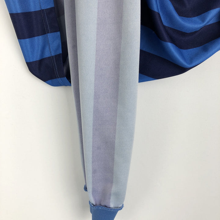 80s-90'S Umbro Stripe Pattern V-Neck Collared Soccer Jersey Game Shirt, Made in England, Men's Size S (Equivalent), Vintage polyester blue type Vintage Second Hand