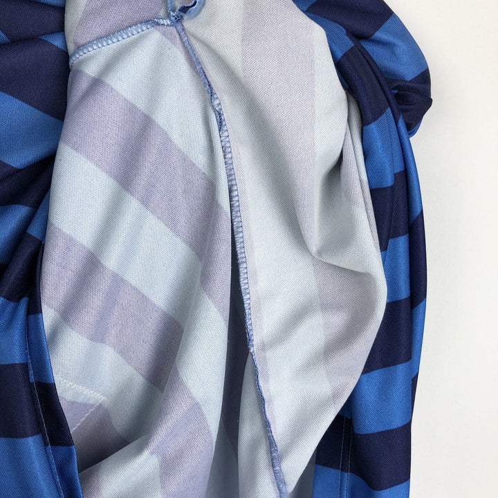 80s-90'S Umbro Stripe Pattern V-Neck Collared Soccer Jersey Game Shirt, Made in England, Men's Size S (Equivalent), Vintage polyester blue type Vintage Second Hand