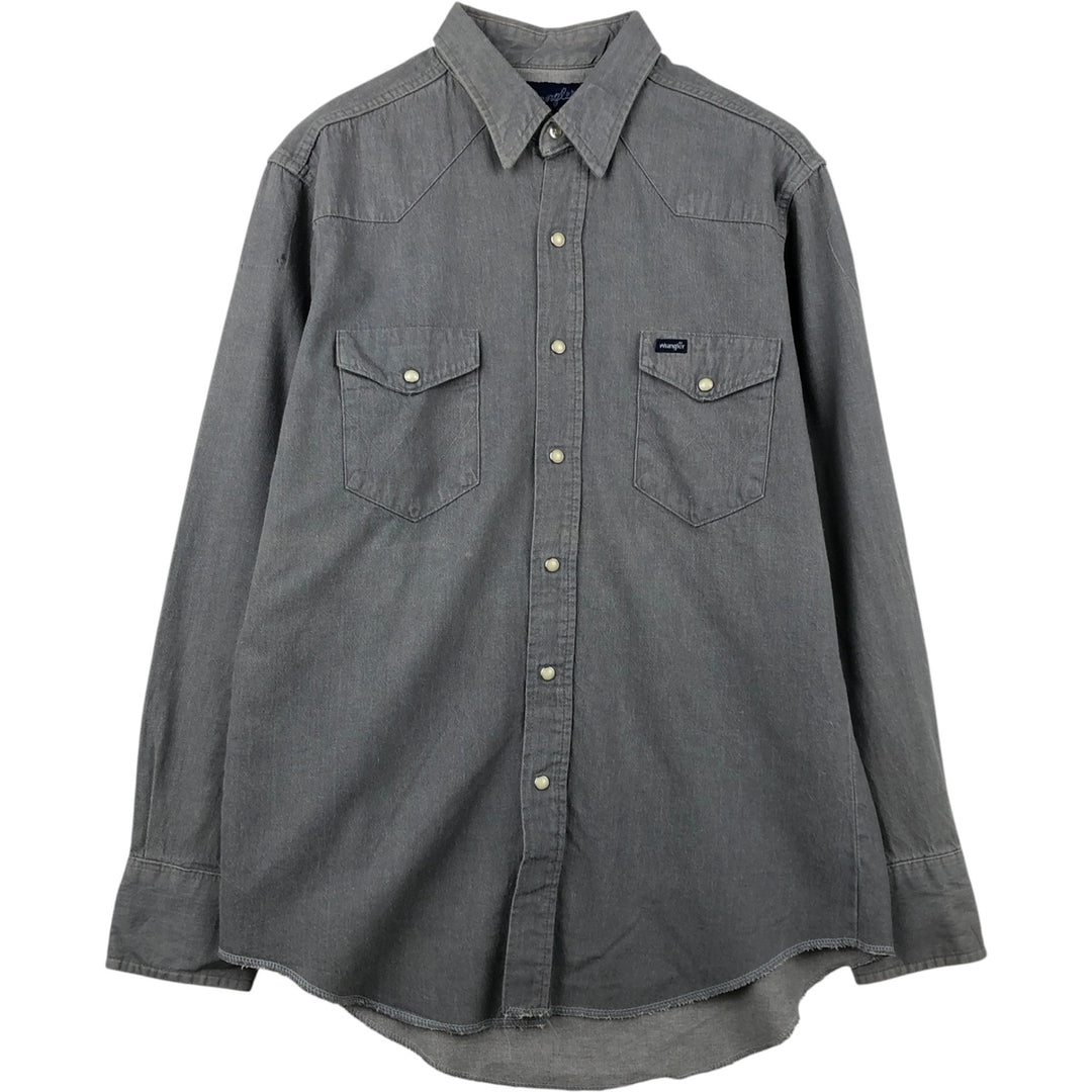 80s-90'S Wrangler X-LONG TAILS Long-Sleeve Denim Western Shirt, Made in USA, Men's Size L (Equivalent), Vintage cotton gray type Vintage Second Hand