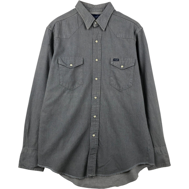 80s-90'S Wrangler X-LONG TAILS Long-Sleeve Denim Western Shirt, Made in USA, Men's Size L (Equivalent), Vintage cotton gray type Vintage Second Hand