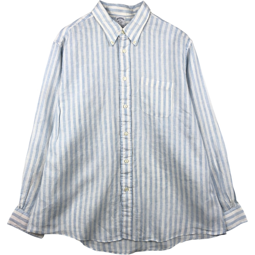 Brooks Brothers Est. 1818 REGENT Stripe Pattern Long Sleeve Linen Button-Down Shirt, Men's XXL linen Blue type light blue Vintage Second Hand