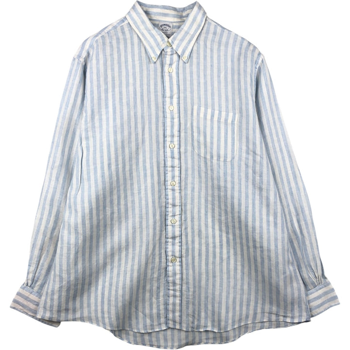 Brooks Brothers Est. 1818 REGENT Stripe Pattern Long Sleeve Linen Button-Down Shirt, Men's XXL linen Blue type light blue Vintage Second Hand