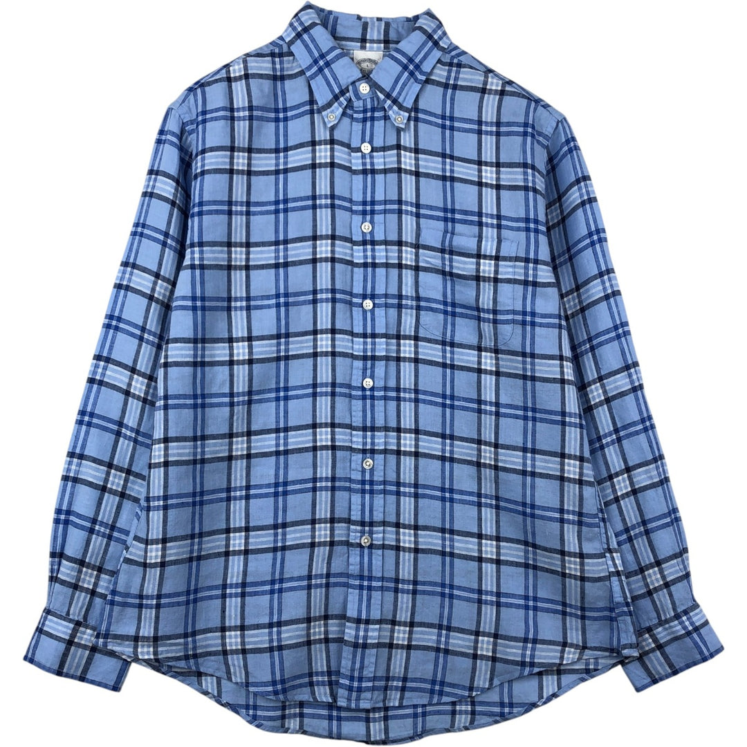 Brooks Brothers Est. 1818 Check Pattern Long Sleeve Linen Button-Down Shirt, Men's Size L linen blue type Vintage Second Hand