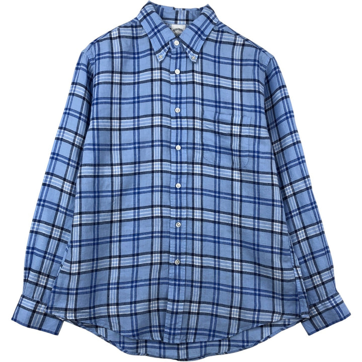 Brooks Brothers Est. 1818 Check Pattern Long Sleeve Linen Button-Down Shirt, Men's Size L linen blue type Vintage Second Hand