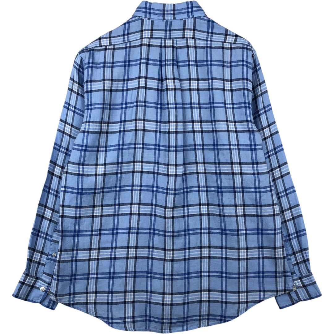 Brooks Brothers Est. 1818 Check Pattern Long Sleeve Linen Button-Down Shirt, Men's Size L linen blue type Vintage Second Hand