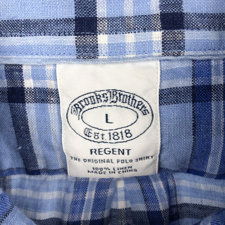 Brooks Brothers Est. 1818 Check Pattern Long Sleeve Linen Button-Down Shirt, Men's Size L linen blue type Vintage Second Hand