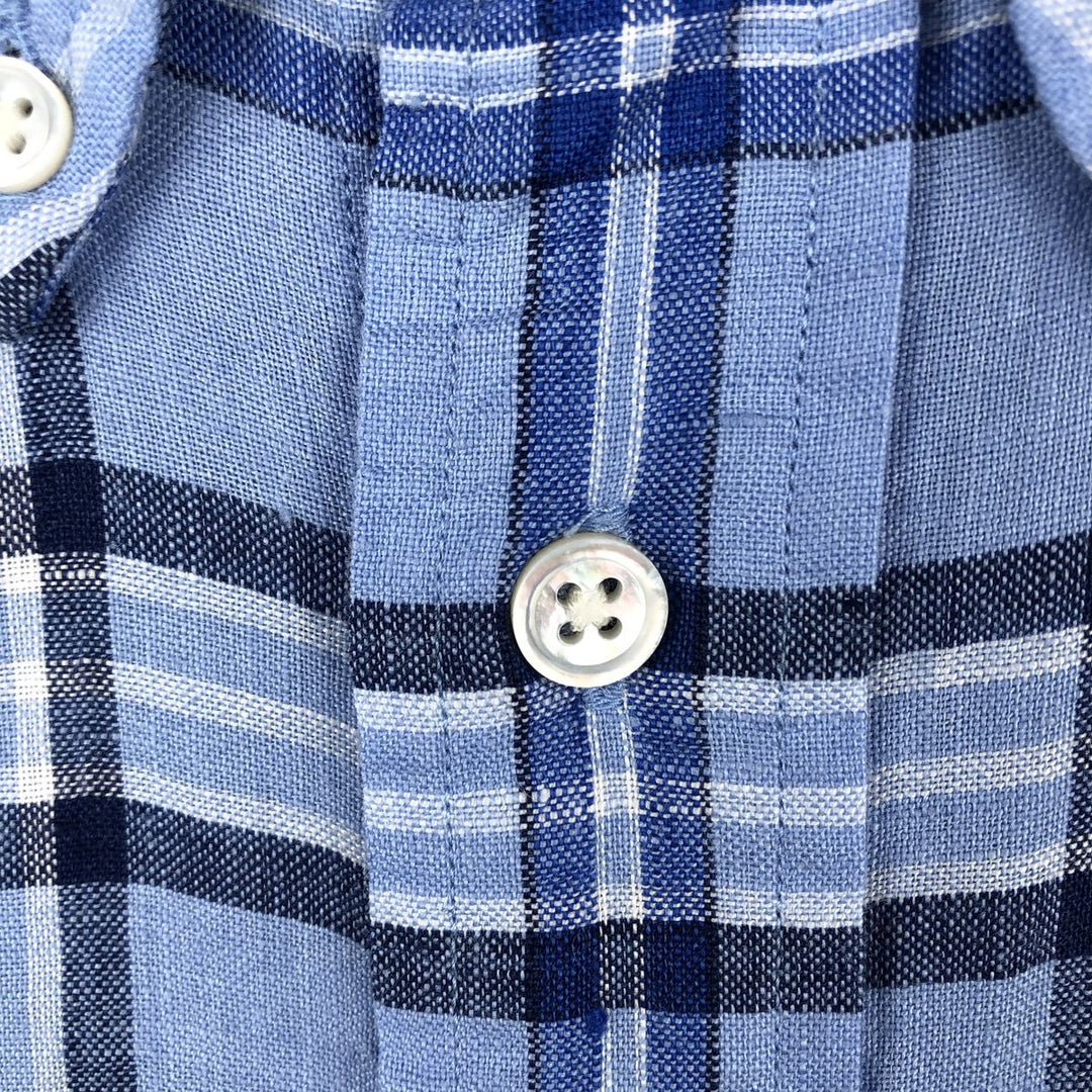 Brooks Brothers Est. 1818 Check Pattern Long Sleeve Linen Button-Down Shirt, Men's Size L linen blue type Vintage Second Hand