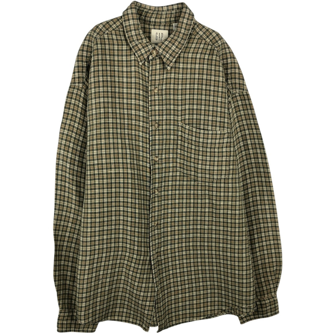90'S GAP Old Gap Check Pattern Long Sleeve Ramie x Linen Shirt Men's Size L (approx.) Vintage Lamy Khaki type sage green Vintage Second Hand