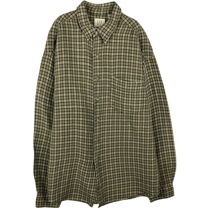90'S GAP Old Gap Check Pattern Long Sleeve Ramie x Linen Shirt Men's Size L (approx.) Vintage Lamy Khaki type sage green Vintage Second Hand