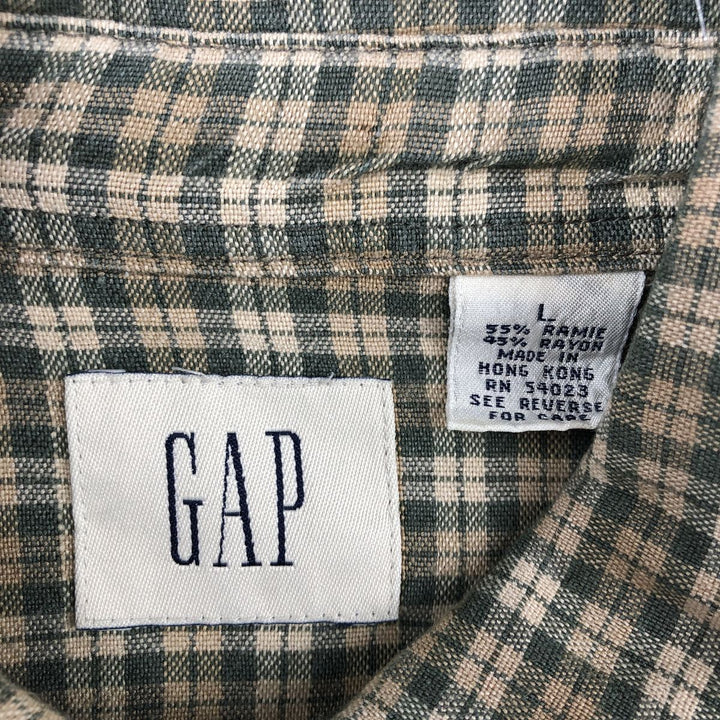 90'S GAP Old Gap Check Pattern Long Sleeve Ramie x Linen Shirt Men's Size L (approx.) Vintage Lamy Khaki type sage green Vintage Second Hand