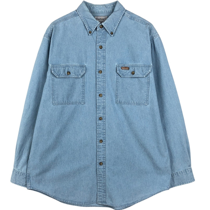 2000'S Carhartt Long-Sleeve Button-Down Work Shirt, Men's Size L (approx.) cotton Blue type light blue Vintage Second Hand