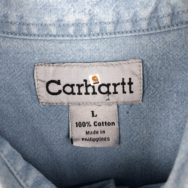2000'S Carhartt Long-Sleeve Button-Down Work Shirt, Men's Size L (approx.) cotton Blue type light blue Vintage Second Hand