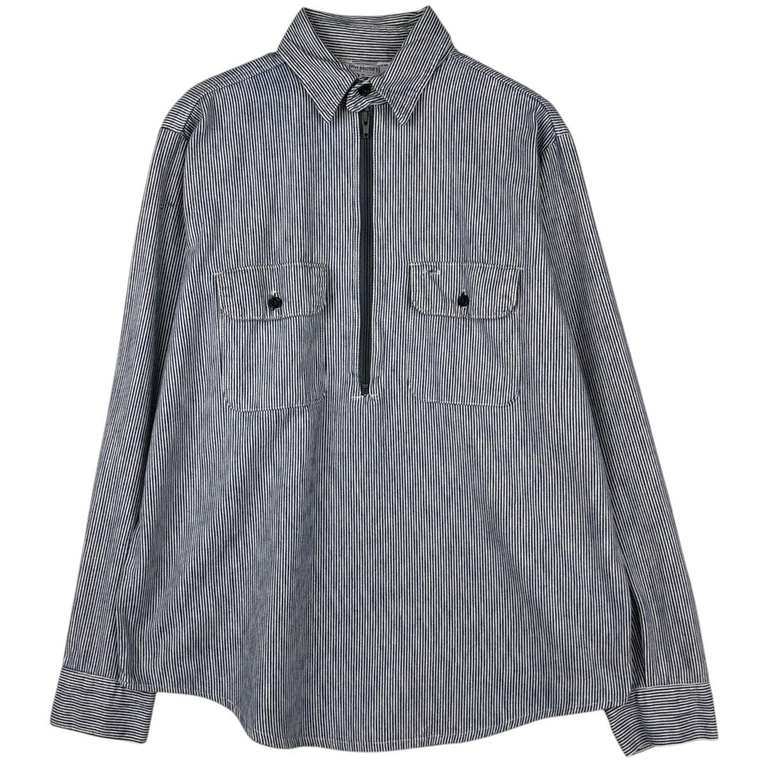 70s-80'S Five Brother Hickory Stripe Half-Zip Long-Sleeve Work Shirt, Made in USA, Men's Size M (Equivalent), Vintage cotton blue type Vintage Second Hand