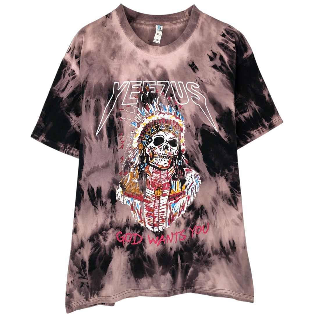 TEESTYLED KANYE WEST Skull Pattern Tie-Dye Rap T-Shirt (Men's Size L) cotton Red type red-purple Vintage Second Hand
