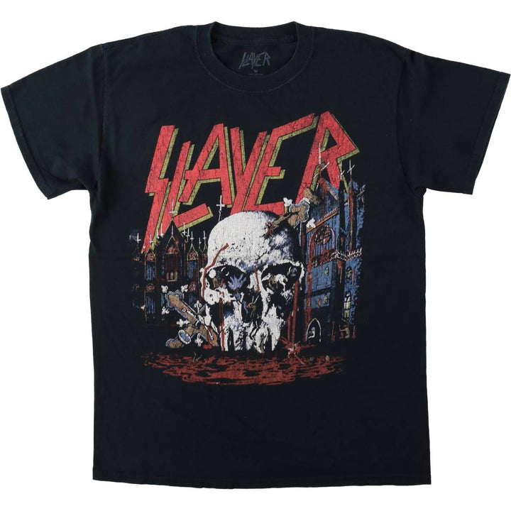 SLAYER Skull Pattern Band T-Shirt, Men's Medium cotton black type Vintage Second Hand