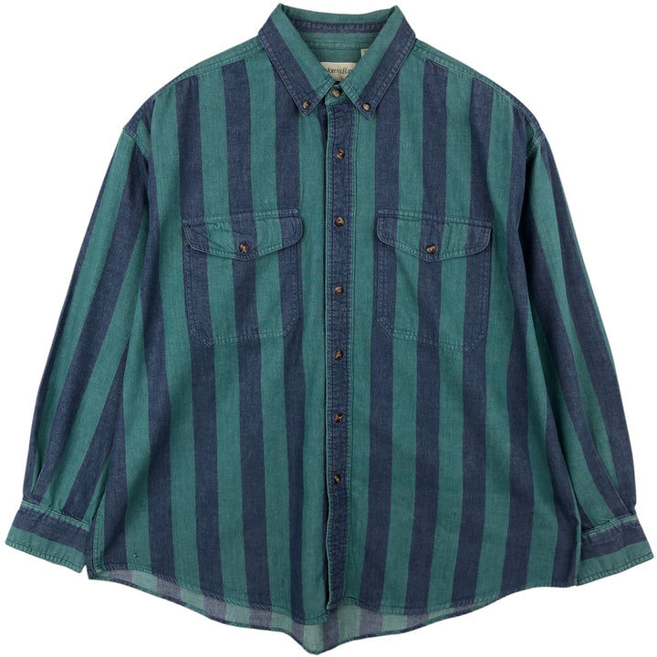 1990'S St. John's Bay Stripe Pattern Long-Sleeve Printed Flannel Shirt, Men's Size XL (Equivalent), Vintage cotton green type Vintage Second Hand