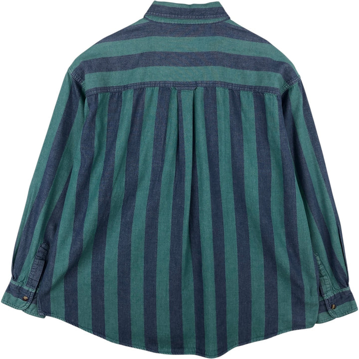1990'S St. John's Bay Stripe Pattern Long-Sleeve Printed Flannel Shirt, Men's Size XL (Equivalent), Vintage cotton green type Vintage Second Hand