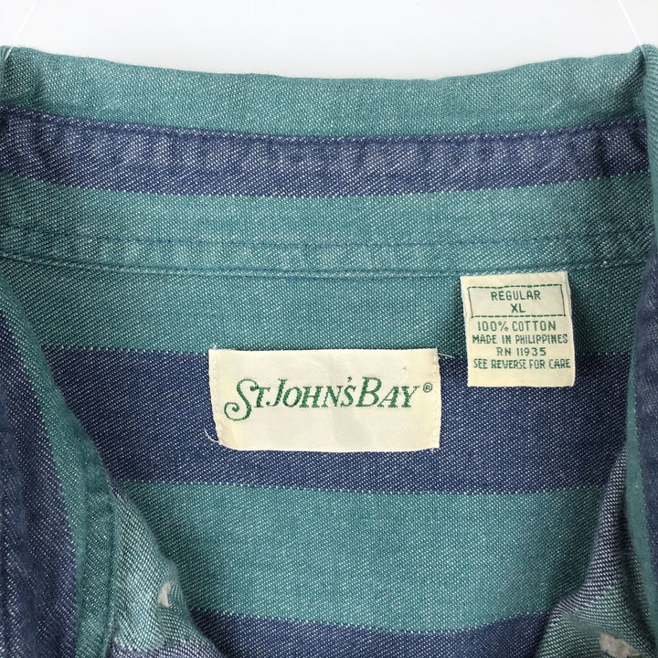 1990'S St. John's Bay Stripe Pattern Long-Sleeve Printed Flannel Shirt, Men's Size XL (Equivalent), Vintage cotton green type Vintage Second Hand