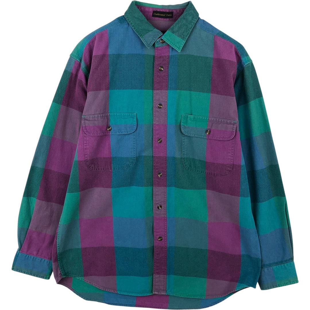 80s-90'S Eddie Bauer Outbound Twill Black Tag Long-Sleeve Flannel Check Shirt Men's Size L (Equivalent) Vintage cotton green type Vintage Second Hand