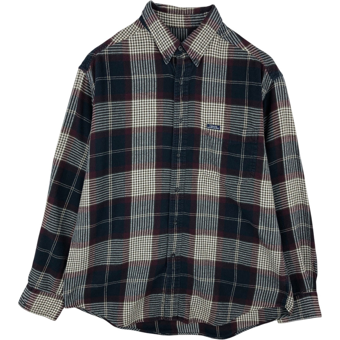 Ralph Lauren CHAPS long-sleeved button-down light flannel check shirt, men's size L cotton navy blue type Vintage Second Hand