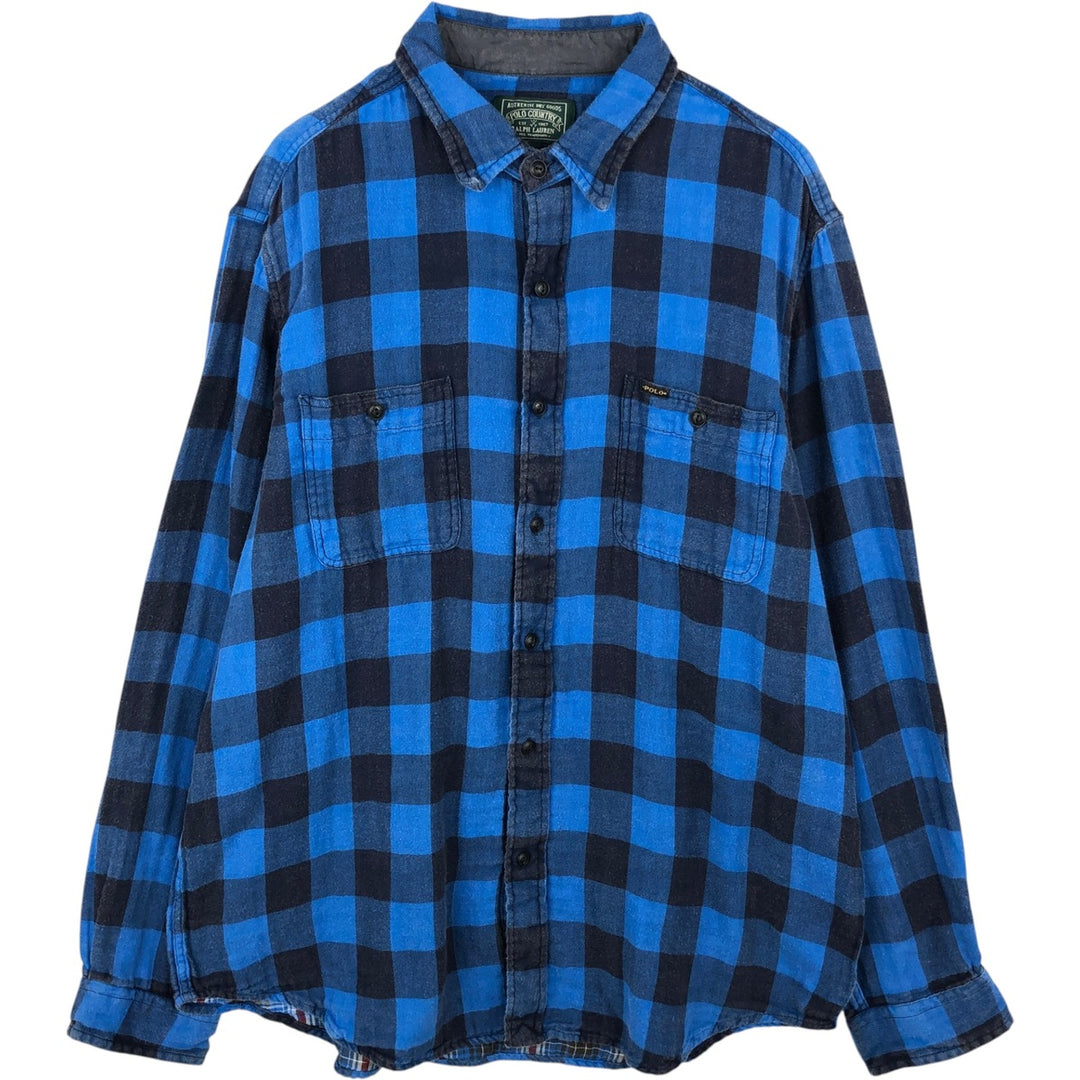 Ralph Lauren Polo Country Buffalo Check Long-Sleeve Light Flannel Check Shirt, Men's XXL Equivalent, Regular Collar unclear blue type Vintage Second Hand