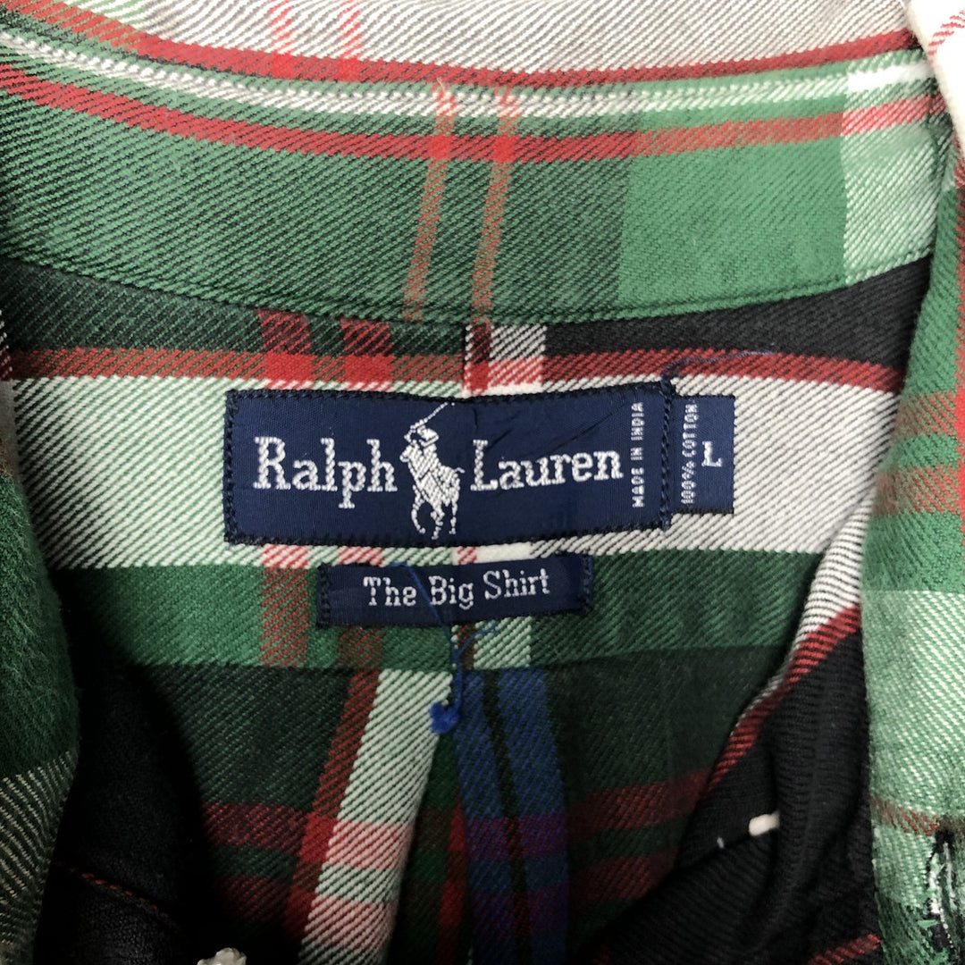 Ralph Lauren POLO by Ralph Lauren The Big Shirt Long Sleeve Button-Down Flannel Check Shirt Men's Size L (approx.) cotton green type Vintage Second Hand