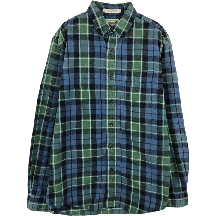 LLBean Slightly Fitted Long Sleeve Button-Down Light Flannel Check Shirt, Men's Size Medium cotton green type Vintage Second Hand