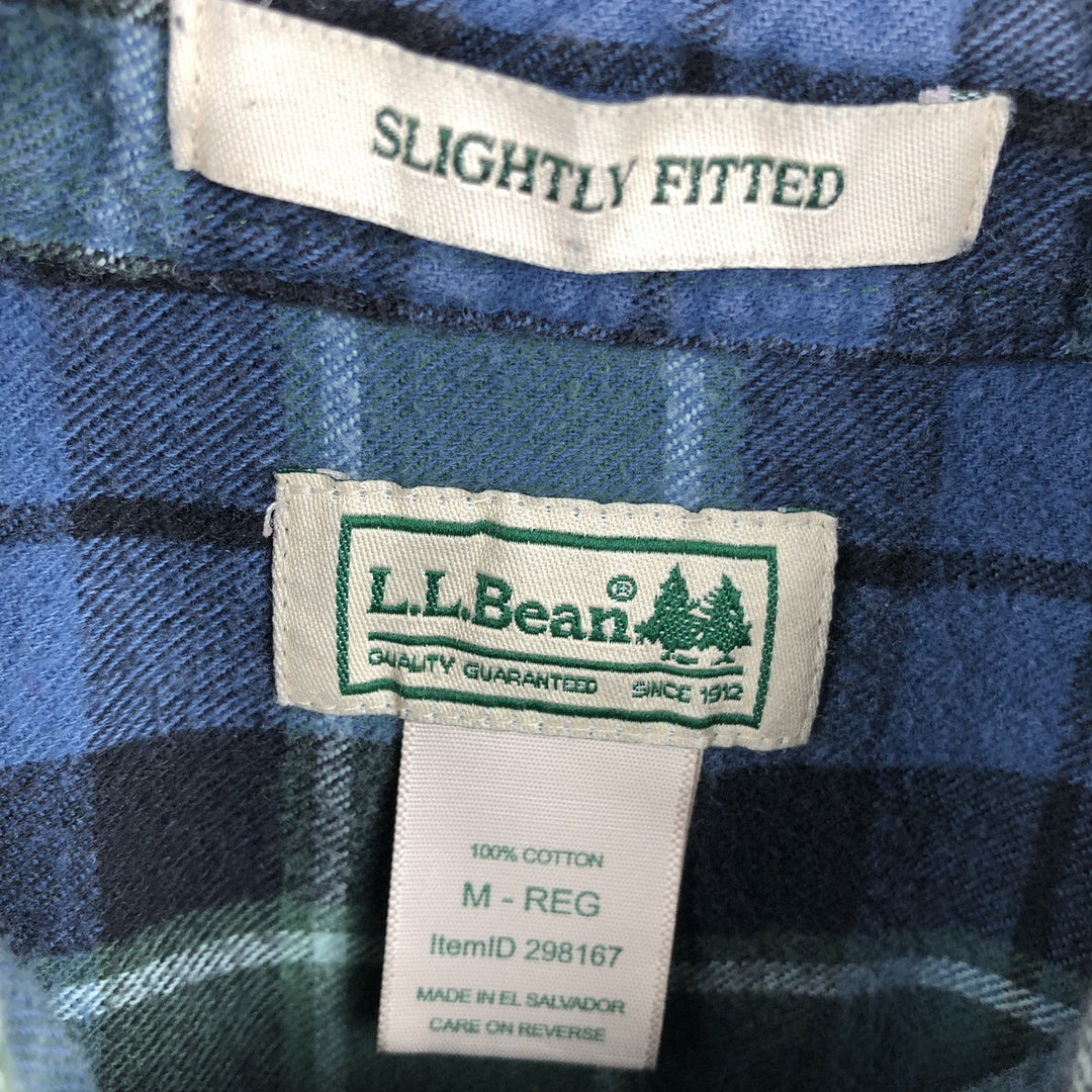 LLBean Slightly Fitted Long Sleeve Button-Down Light Flannel Check Shirt, Men's Size Medium cotton green type Vintage Second Hand