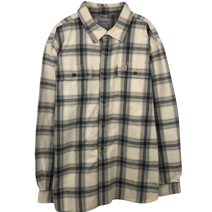 Carhartt ORIGINAL FIT long sleeve flannel check shirt, men's XL size cotton pale white type Vintage Second Hand