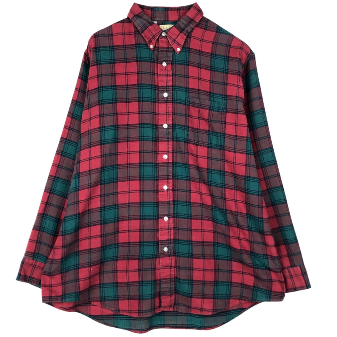 90'S LL Bean Long-Sleeve Button-Down Light Flannel Check Shirt, Made in USA, Men's Size XL (Equivalent), Vintage cotton red type Vintage Second Hand