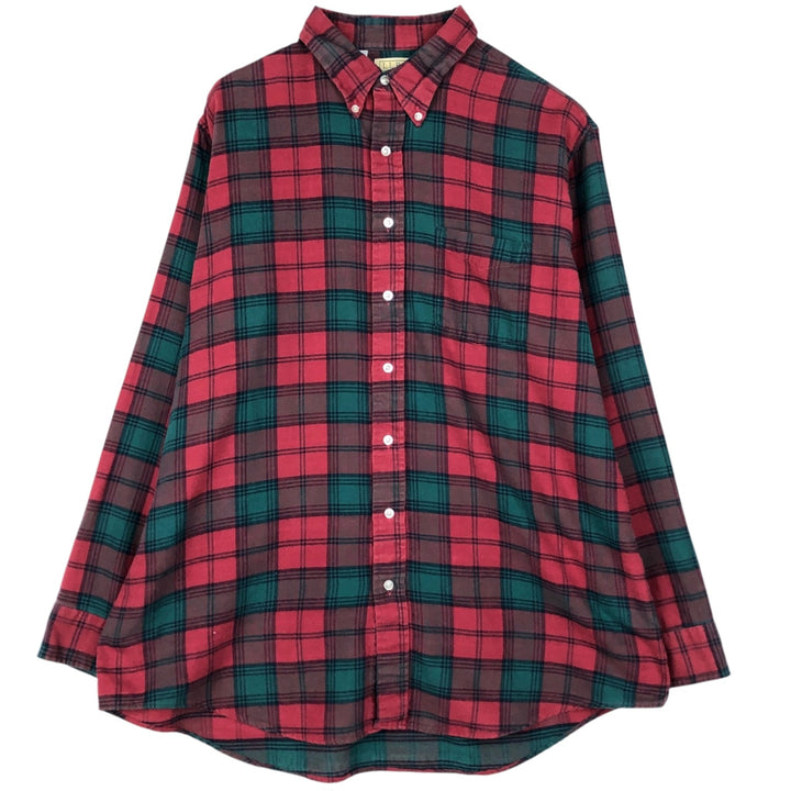 90'S LL Bean Long-Sleeve Button-Down Light Flannel Check Shirt, Made in USA, Men's Size XL (Equivalent), Vintage cotton red type Vintage Second Hand