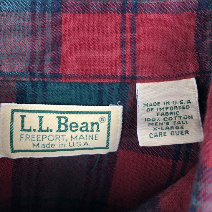 90'S LL Bean Long-Sleeve Button-Down Light Flannel Check Shirt, Made in USA, Men's Size XL (Equivalent), Vintage cotton red type Vintage Second Hand